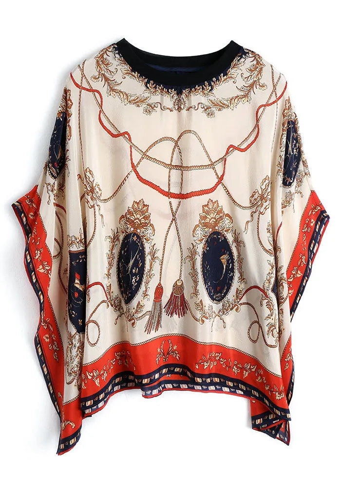 Italian Apricot O-neck Asymmetrical Print Chiffon Loose Tank Tops Batwing Sleeve