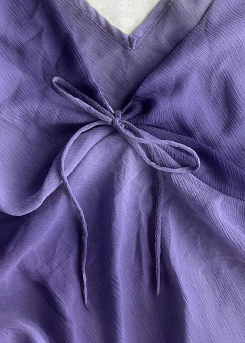Simple Purple V Neck Lace Up Cotton Tank Sleeveless