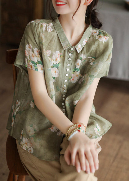 Peter Pan Collar Print Button Low High Design Linen Shirts Short Sleeve