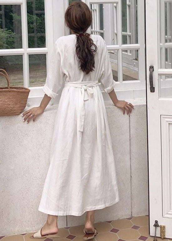 White Patchwork Cotton Dress V Neck Spring