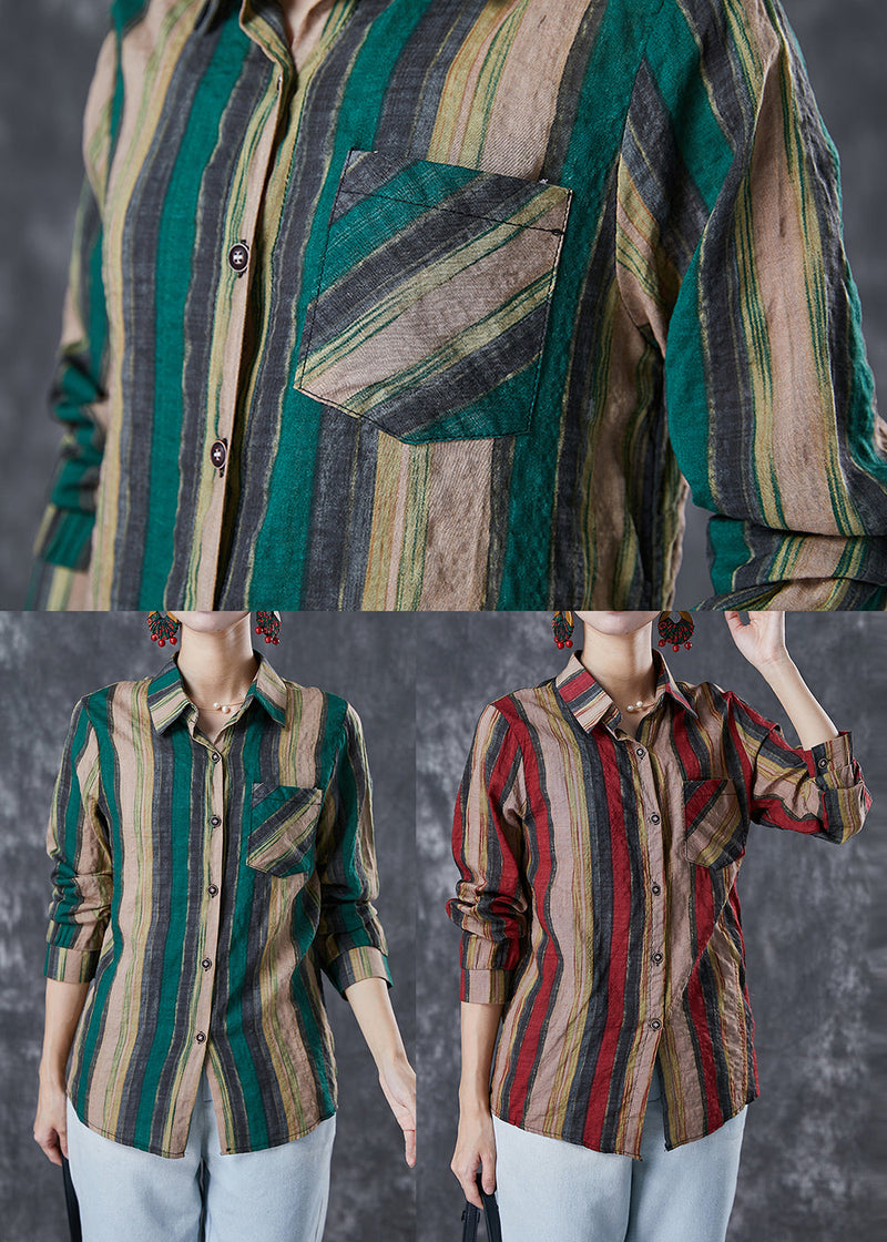 Red Peter Pan Collar Striped Linen Shirt Top Fall