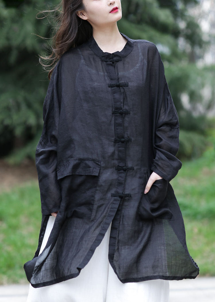 Black Oversized Side Open Linen Upf 50+ Long Shirt Spring