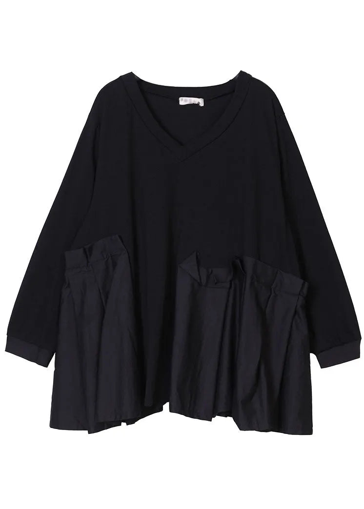 Loose Black V Neck Asymmetrical Design Patchwork Wrinkled Cotton Top Long Sleeve