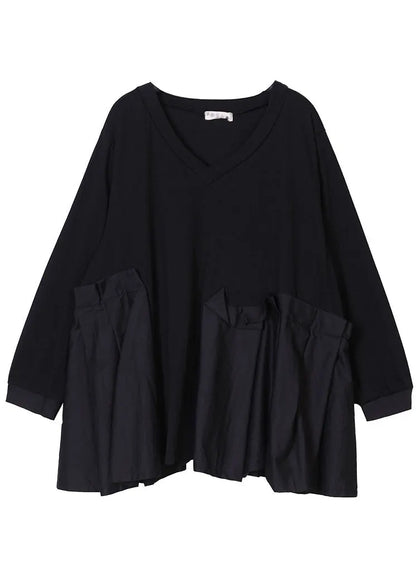 Loose Black V Neck Asymmetrical Design Patchwork Wrinkled Cotton Top Long Sleeve