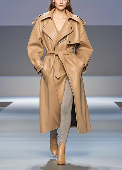 Khaki Oversized Faux Leather Trench Coats Fall