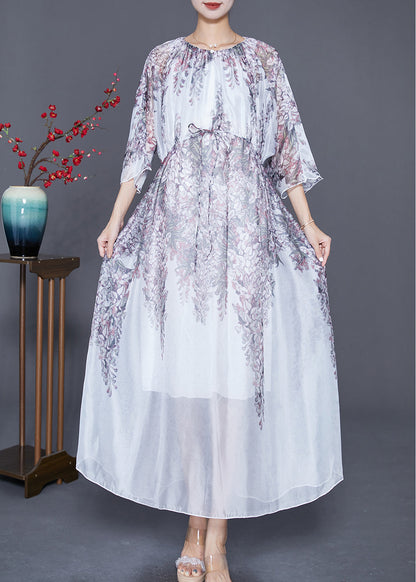White Cinched Print Silk Long Dress Summer