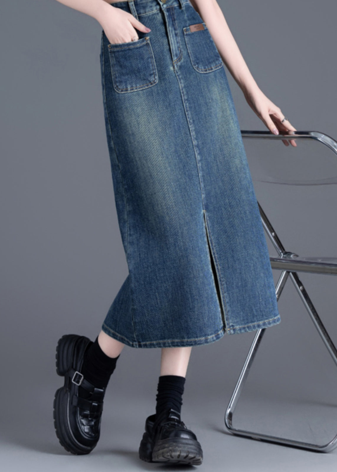 Italian Blue Side Open Silm Fit Denim a Line Skirt Spring