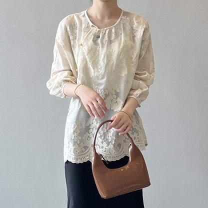 Beige O-neck Print Chiffon Shirts Long Sleeve