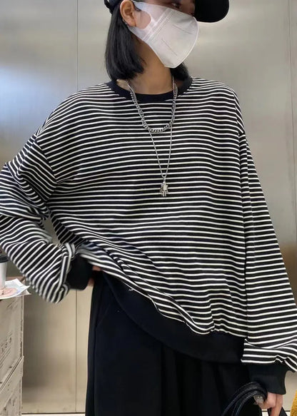 Chocolate O-neck Striped Patchwork Cotton Sweatshirts Top Long Sleeve