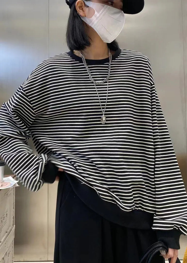 Chocolate O-neck Striped Patchwork Cotton Sweatshirts Top Long Sleeve
