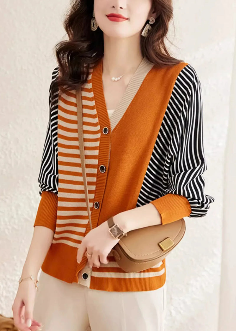 Orange V Neck Striped Button Woolen Sweater Spring