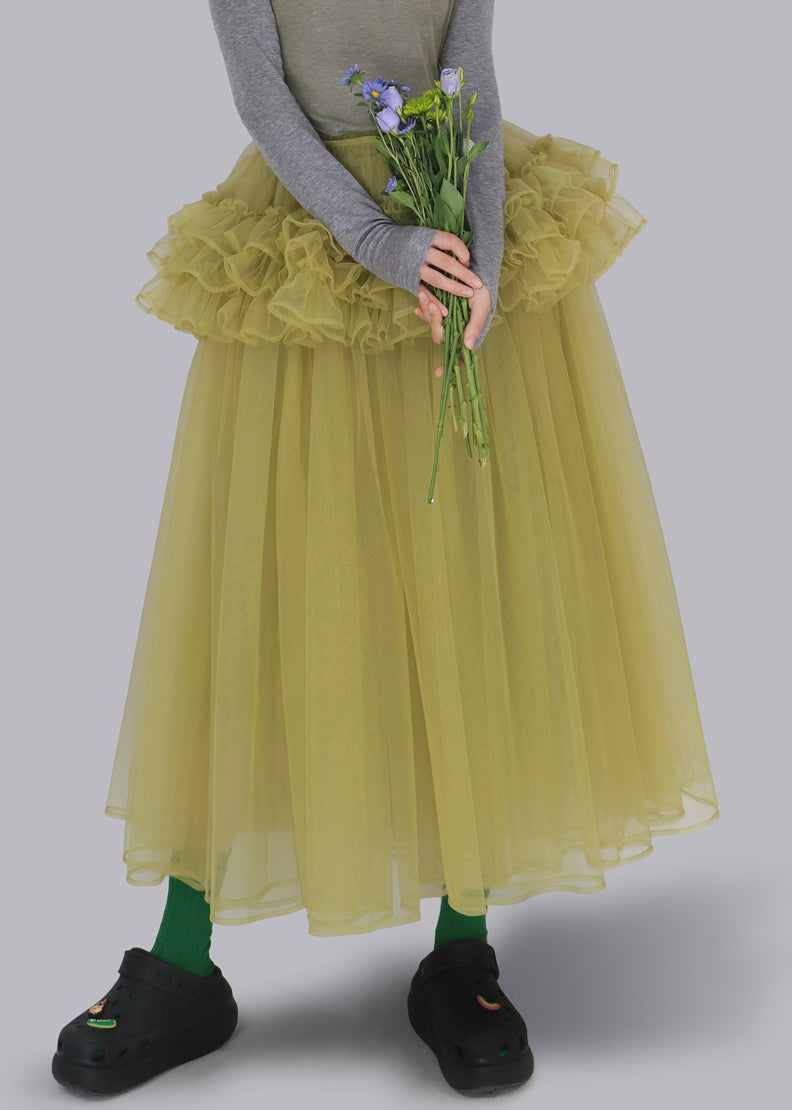 Yellow Elastic Waist Tulle Skirt Ruffled