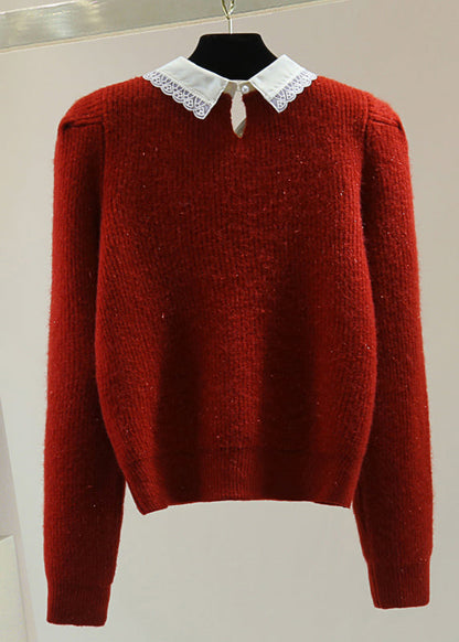 Red Peter Pan Collar Nail Bead Cotton Knit Sweater Winter