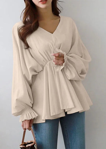 Black V Neck Wrinkled Patchwork Cotton Shirts Tops Lantern Sleeve