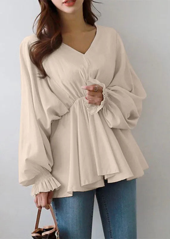 Black V Neck Wrinkled Patchwork Cotton Shirts Tops Lantern Sleeve
