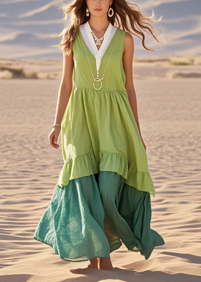 Green Patchwork Cotton Maxi Dresses Exra Large Hem Sleeveless Summer