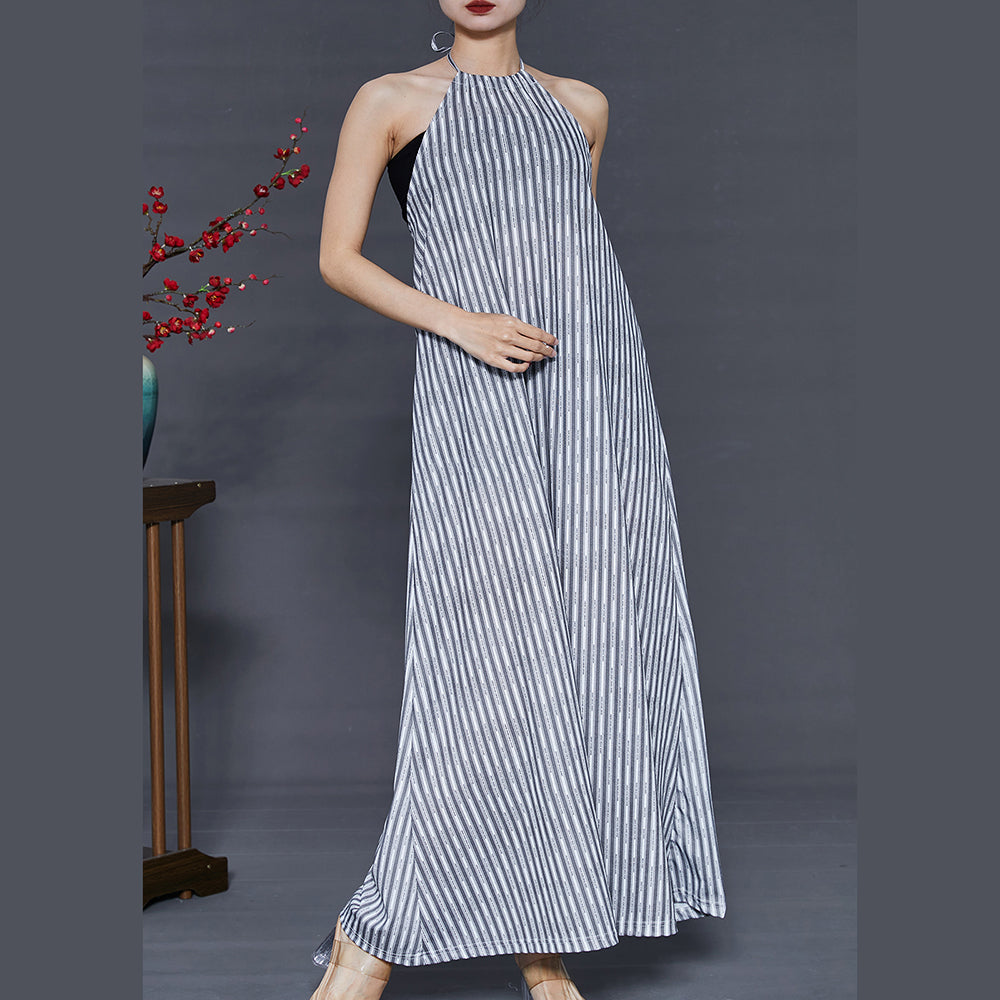 Grey Striped Backless Cotton Beach Dress Summer