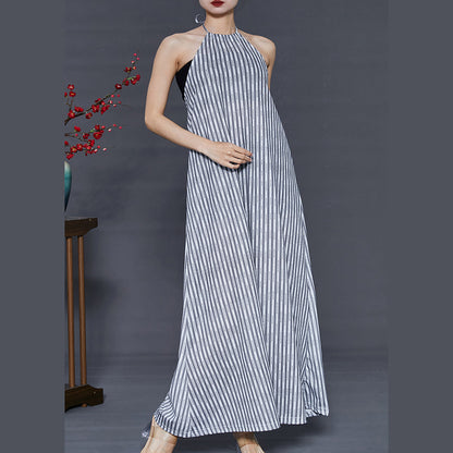 Grey Striped Backless Cotton Beach Dress Summer
