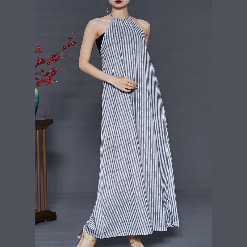 Grey Striped Backless Cotton Beach Dress Summer