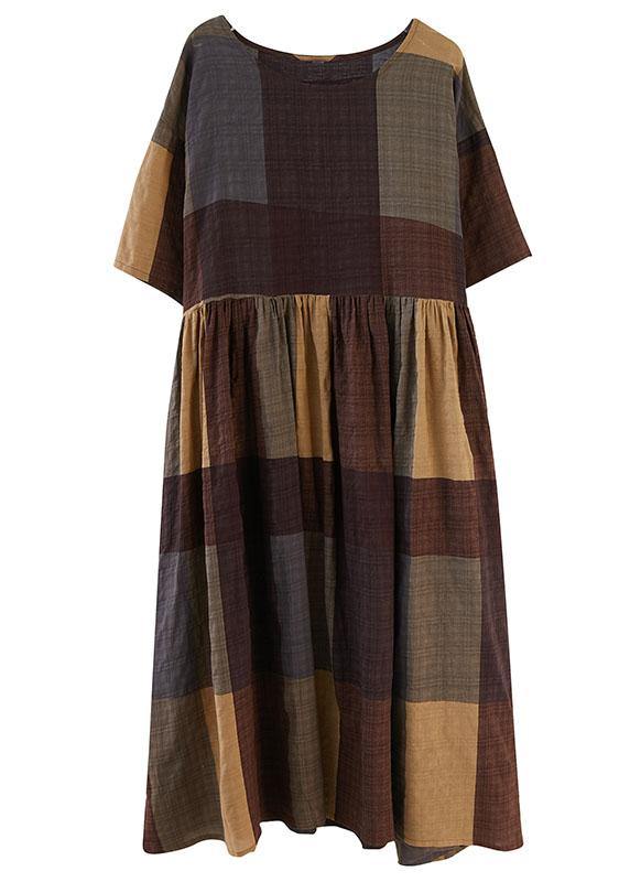 French Khaki Plaid Patchwork Summer Half Sleeve Holiday Dress