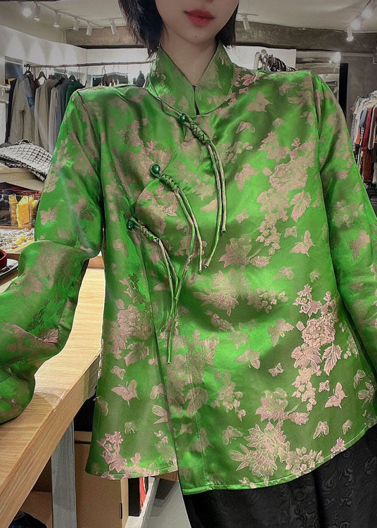 Chinese Style Green Button Stand Collar Jacquard Silk Coats Spring