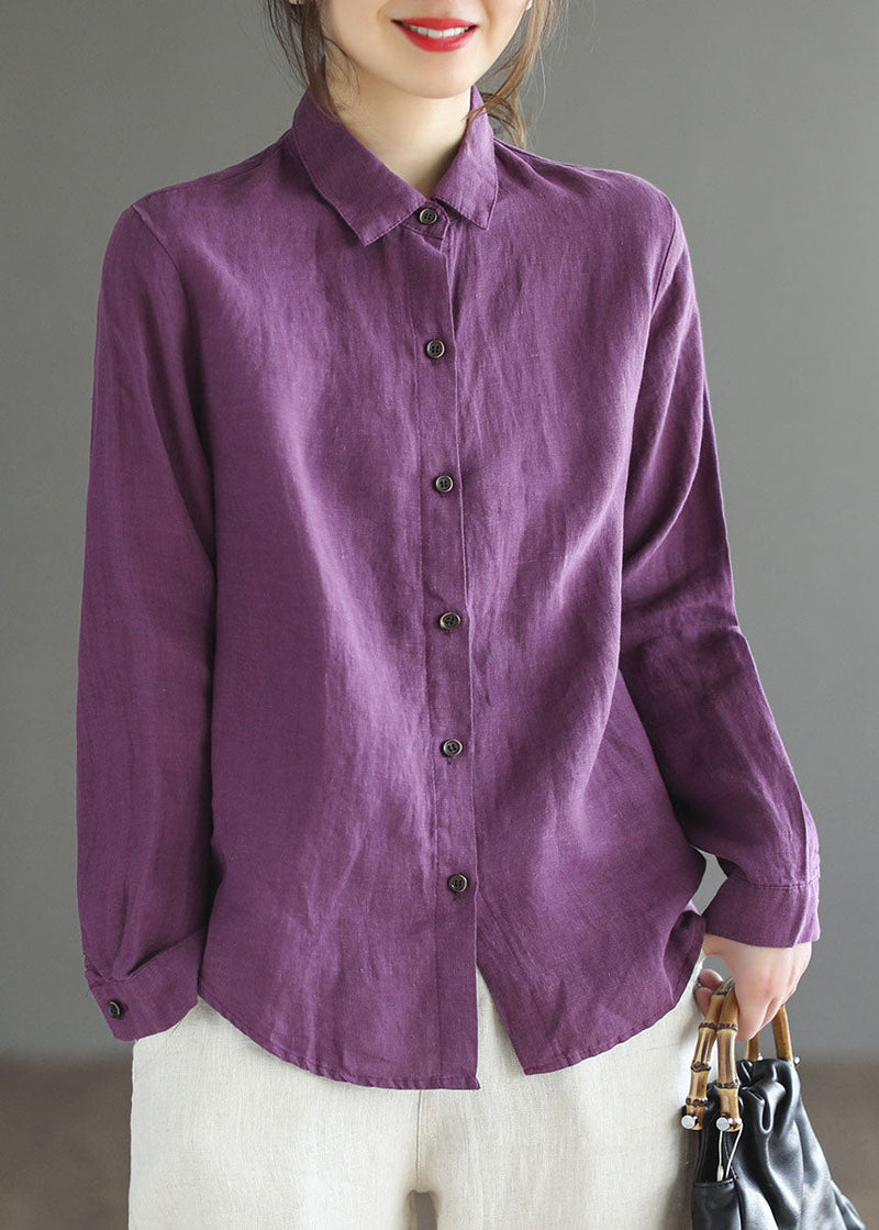 Purple Button Peter Pan Collar Linen Shirt Top Long Sleeve