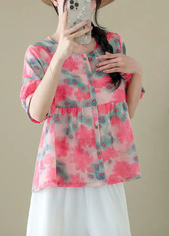 Pink O Neck Print Patchwork Cotton Shirts Summer