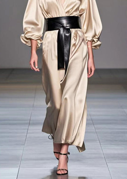 Champagne V Neck Cinched Silk Holiday Dress Fall