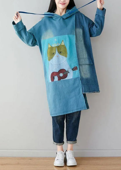 Blue Hooded Pockets Patchwork Asymmetrical Design Print Fall Pullover Sweatshirt