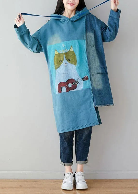Blue Hooded Pockets Patchwork Asymmetrical Design Print Fall Pullover Sweatshirt