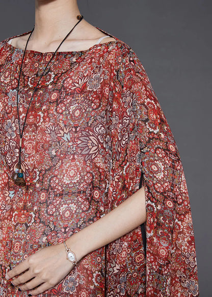 Khaki Asymmetrical Print Silk Long Smock Summer