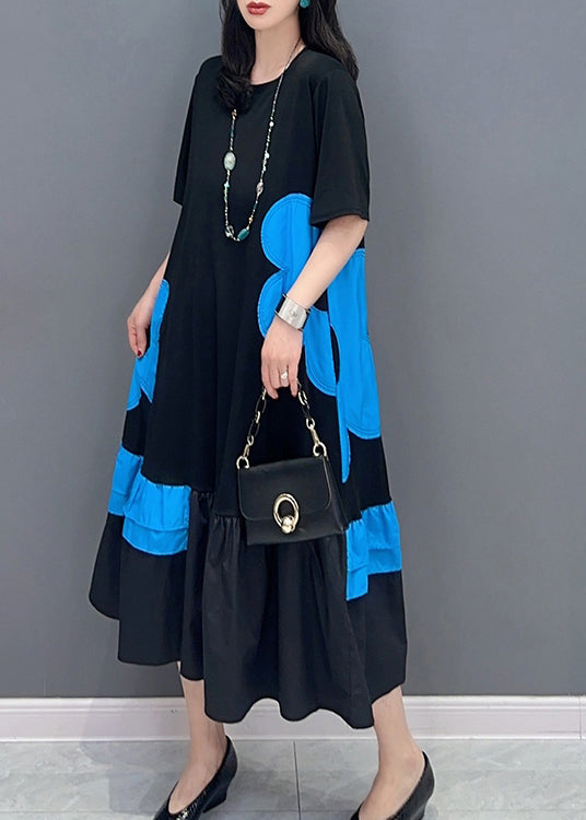 Style Black Patchwork Blue O-neck Print Vacation Long Dresses Summer
