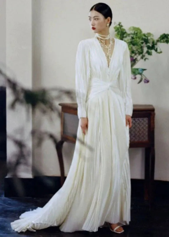 Fitted White V Neck Wrinkled Tunic Vacation Long Dresses Long Sleeve