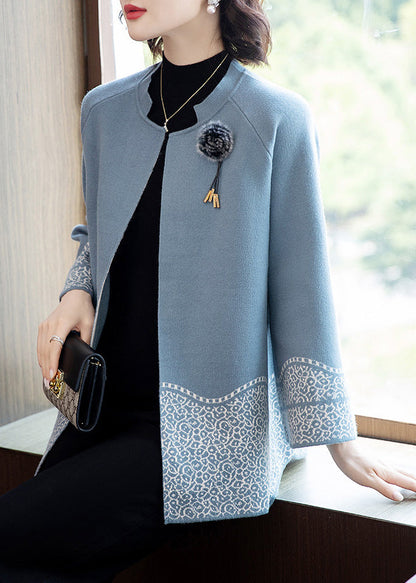 Classy Blue O-neck Patchwork Knit Coats Fall