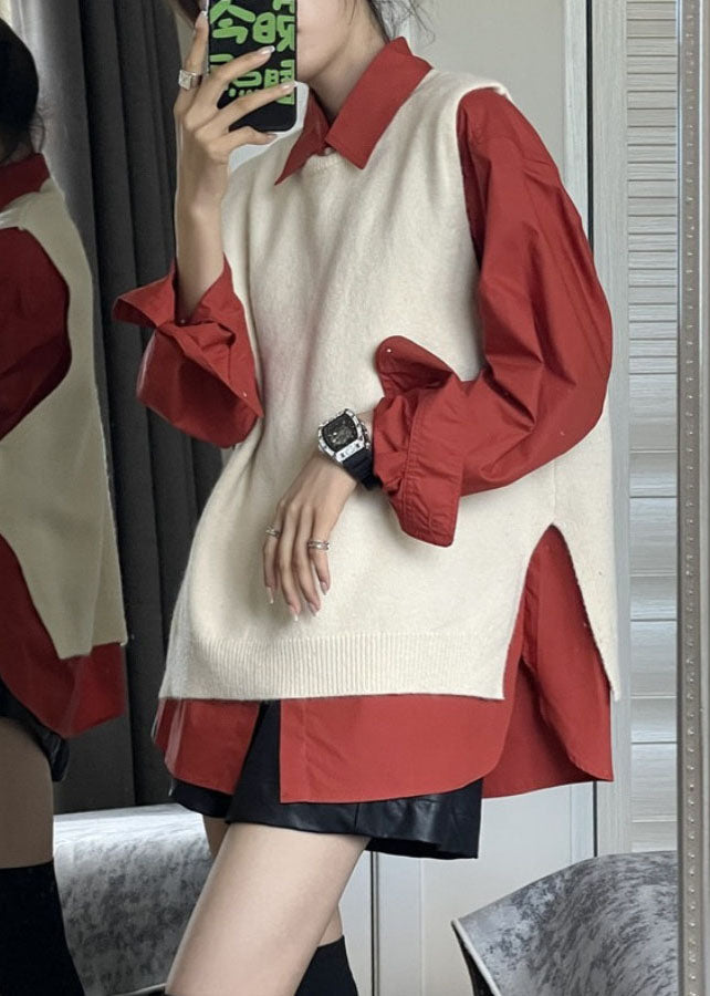 Side Open Apricot Knit Waistcoat and Red Shirts Two Pieces Set Fall