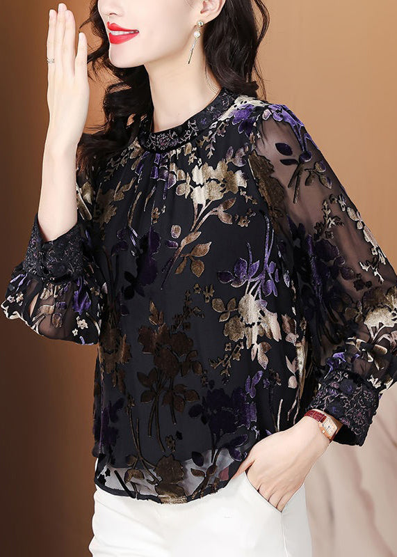 New Black O-neck Print Patchwork Silk Velour Blouses Spring