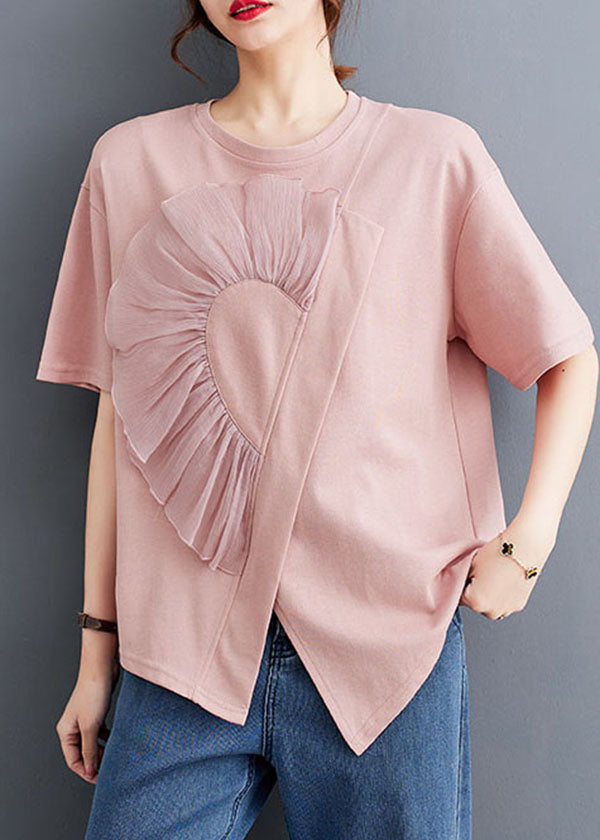 Pink O Neck Wrinkled Patchwork Cotton T Shirt Top Summer