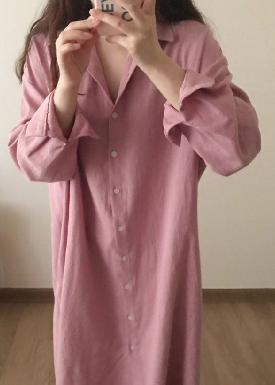 Classy Pink Button Side Open Cotton Shirt Long Dress Spring
