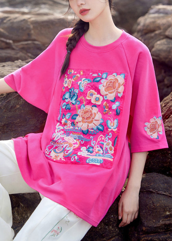 New Rose O-neck Oversized Cotton T Shirt Half Sleeve