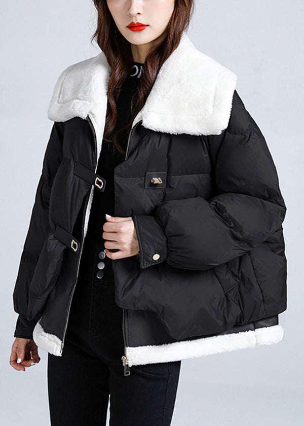 Black Pockets Patchwork Fine Cotton Filled Puffers Jackets Winter