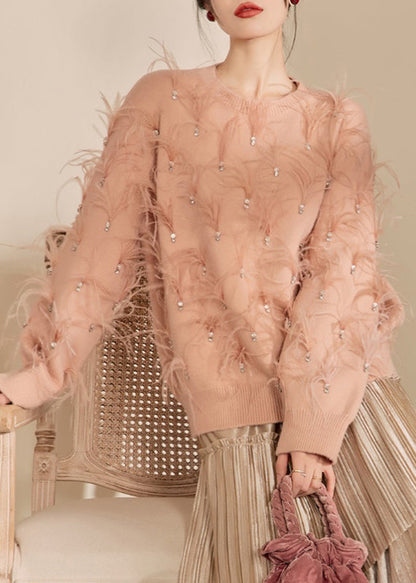 Organic Skin Pink O-neck Zircon Feather Cotton Knit Sweater Winter