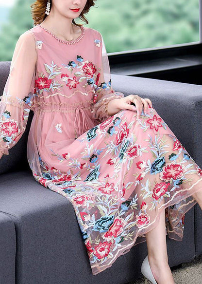 Pink Embroideried Tie Waist Hollow Out Tulle Party Dress Summer