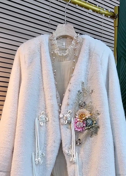 Stylish White V Neck Tasseled Decorated Faux Fur Jacket Winter