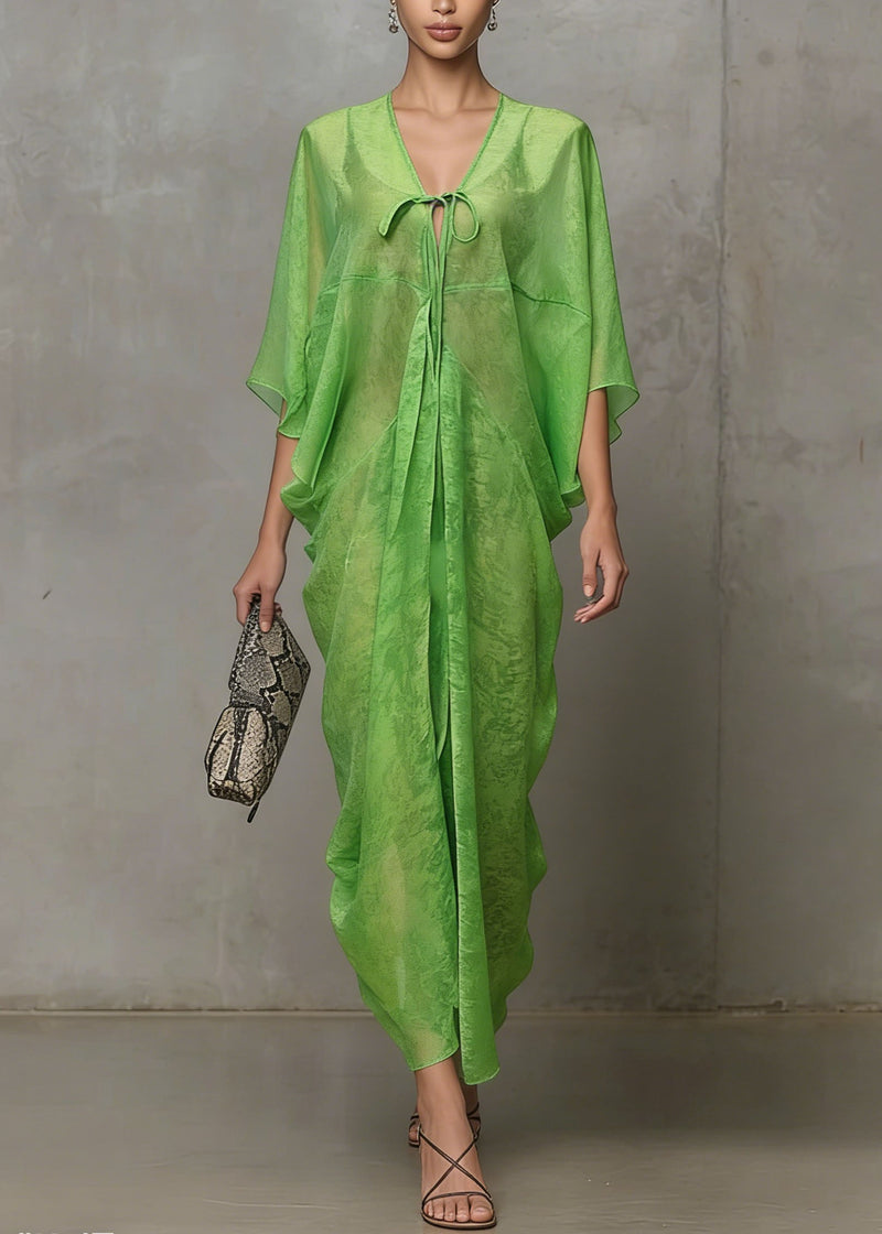 Green Lace Up Chiffon Vacation Dress Summer