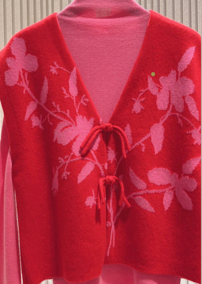 Loose Red Button Patchwork Tops and Waistcoat Knit Two Pieces Set Fall