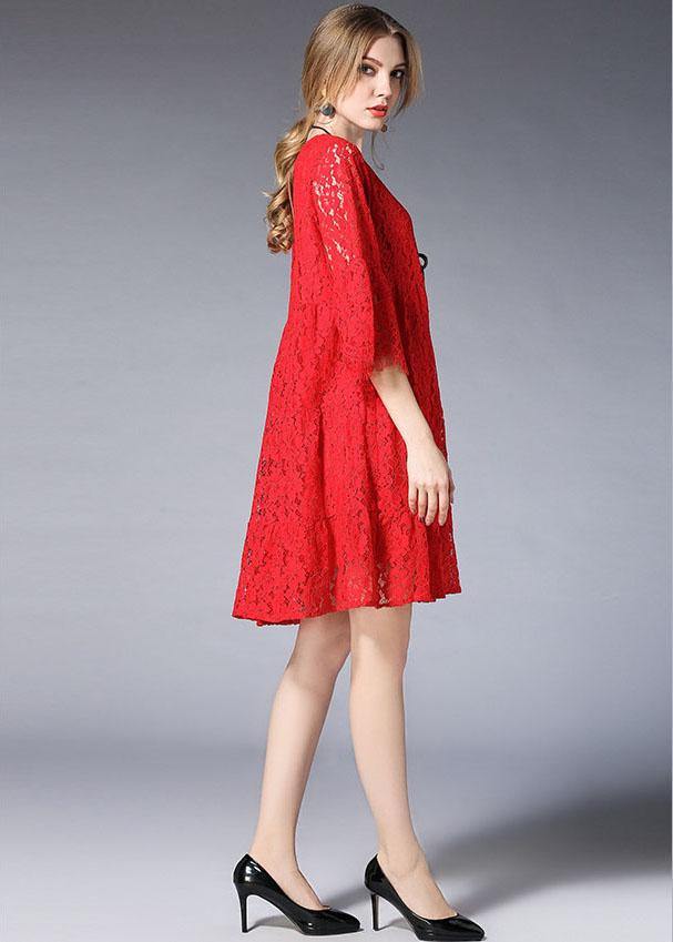 Loose Red Wrinkled Spring Half Sleeve Dresses