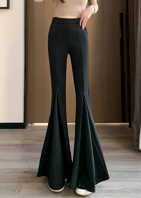 Black Elastic Waist Spandex Flared Trousers Spring
