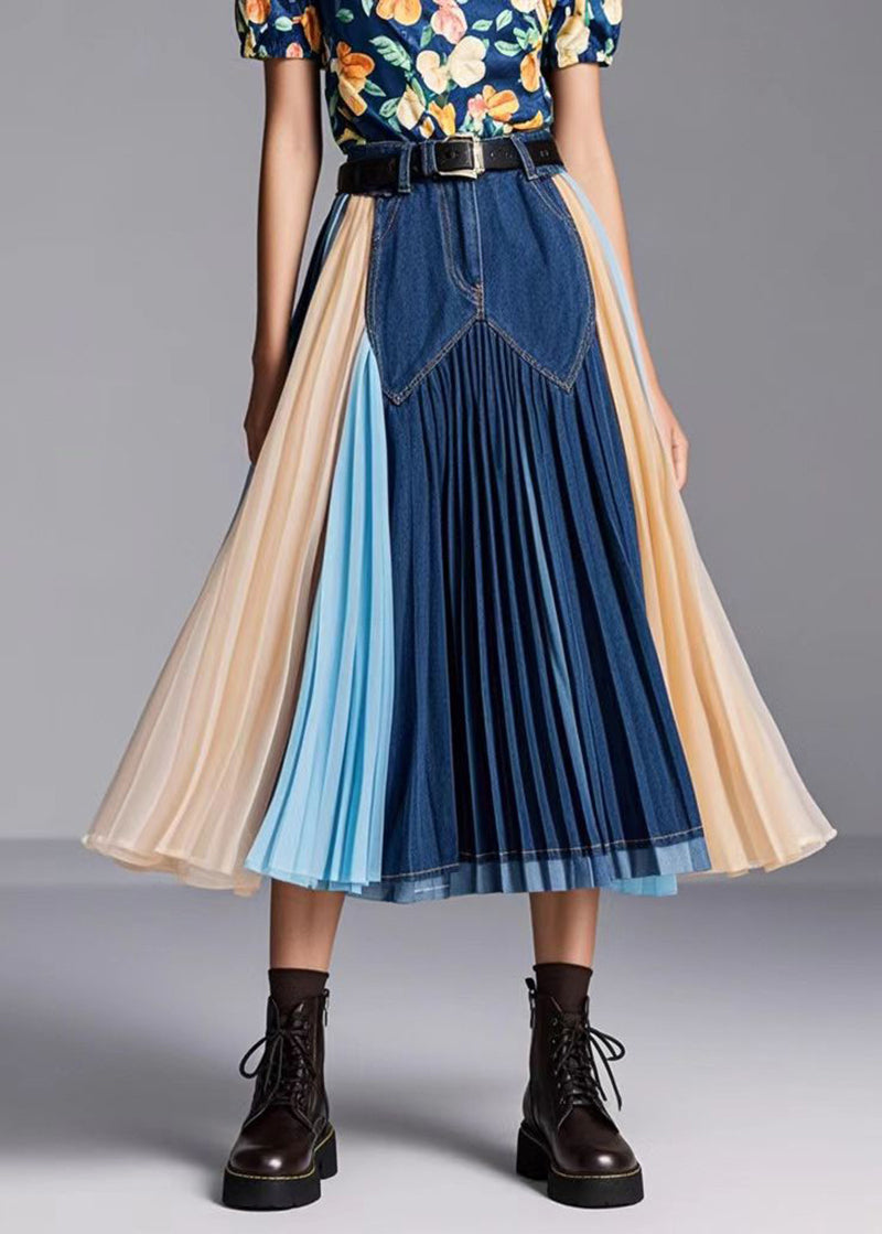 Navy Patchwork Exra Large Hem Denim Skirts Fall