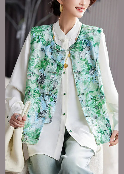 Green Embroideried Sequins Vest Tops Sleeveless