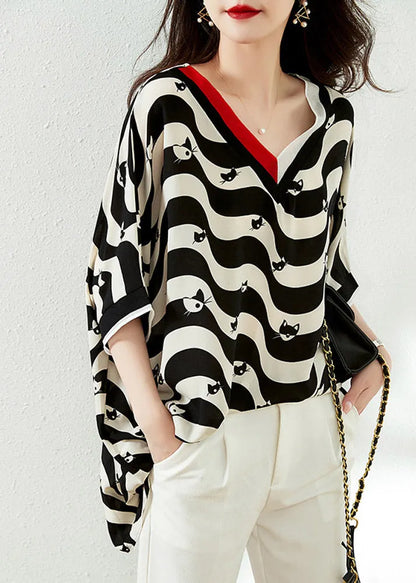 Black V Neck Striped Low High Design Chiffon Tops Half Sleeve